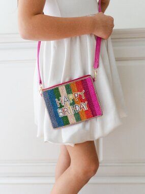 NWT Beaded Happy Birthday Crossbody Purse Rainbow Stripe Party Pouch Clutch